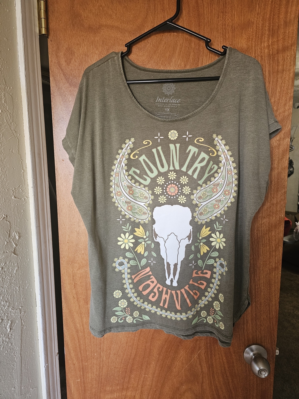 Olive Green 'Country Nashville' Graphic Short Sleeve Tee